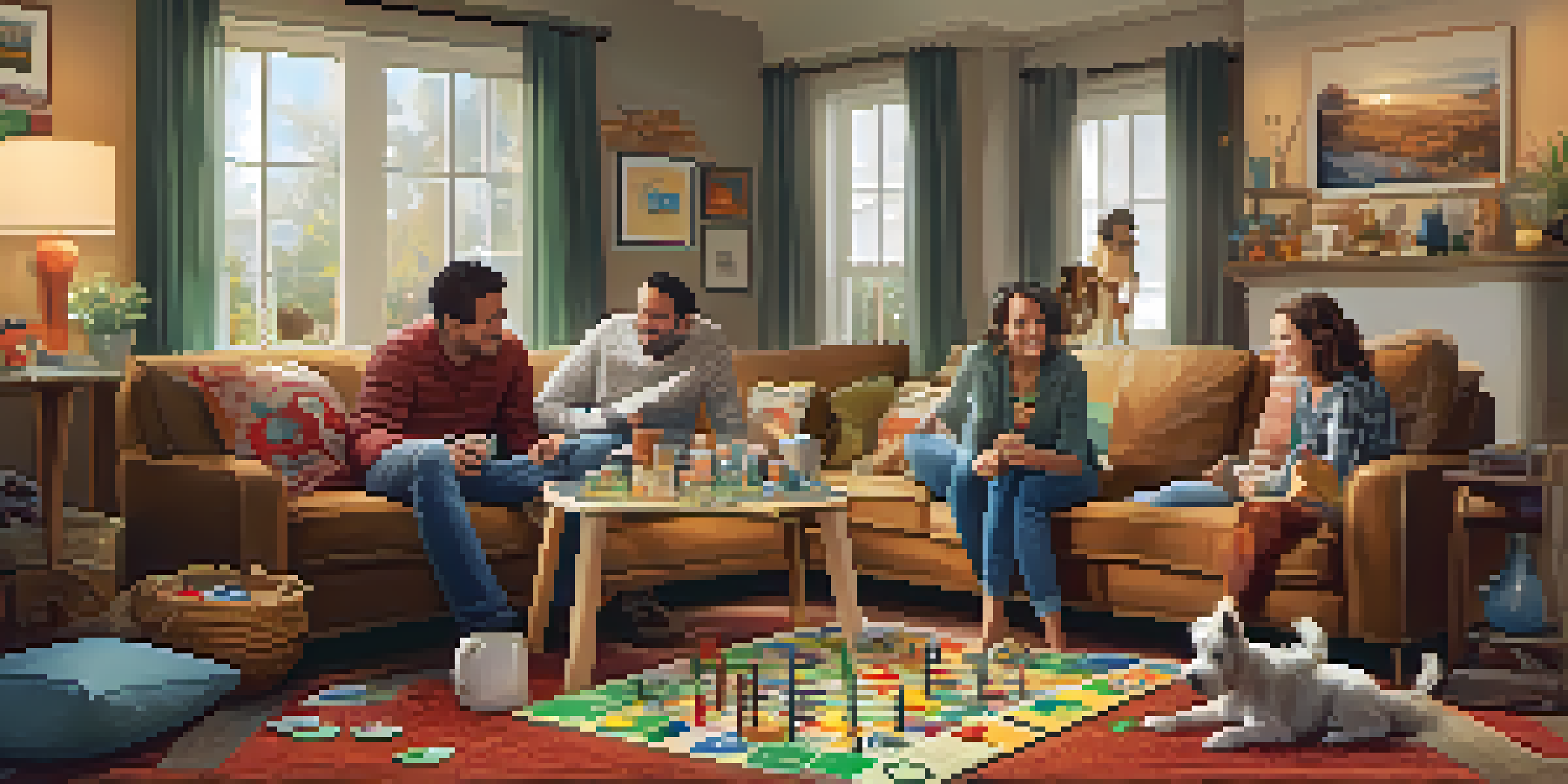 A family of four playing a board game in a cozy living room, surrounded by laughter and family photos.