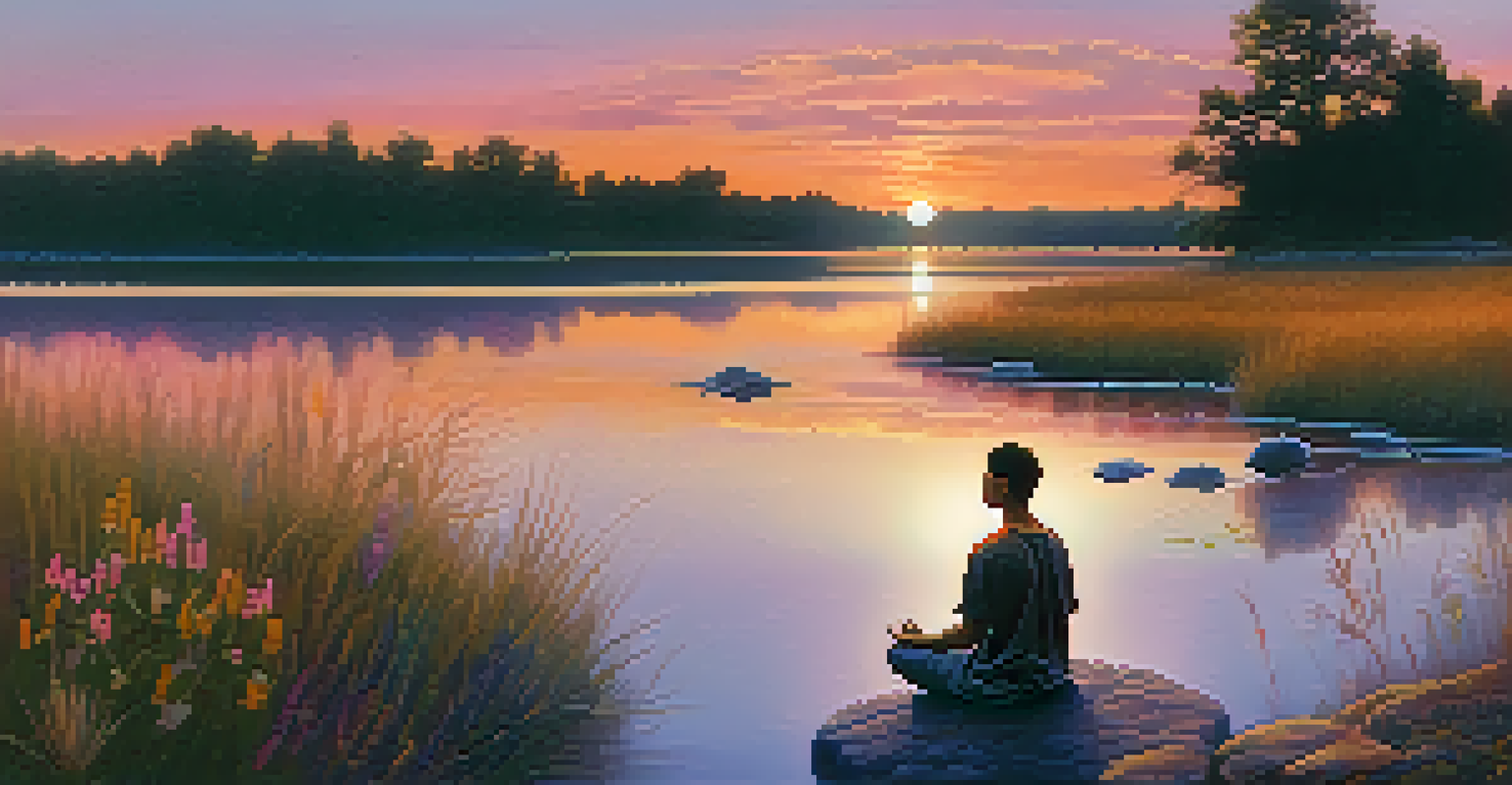 A person meditating by a serene lake at sunset, with vibrant colors reflecting on the water.