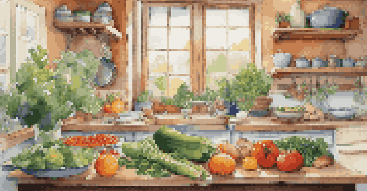 A cozy kitchen with a person preparing a meal using fresh seasonal produce, surrounded by colorful ingredients and natural light.