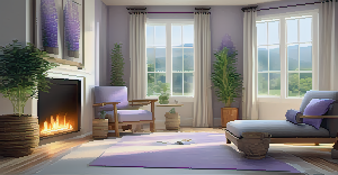 A serene wellness retreat room with soft lighting, a diffuser emitting lavender oil, natural wood elements, and potted plants.