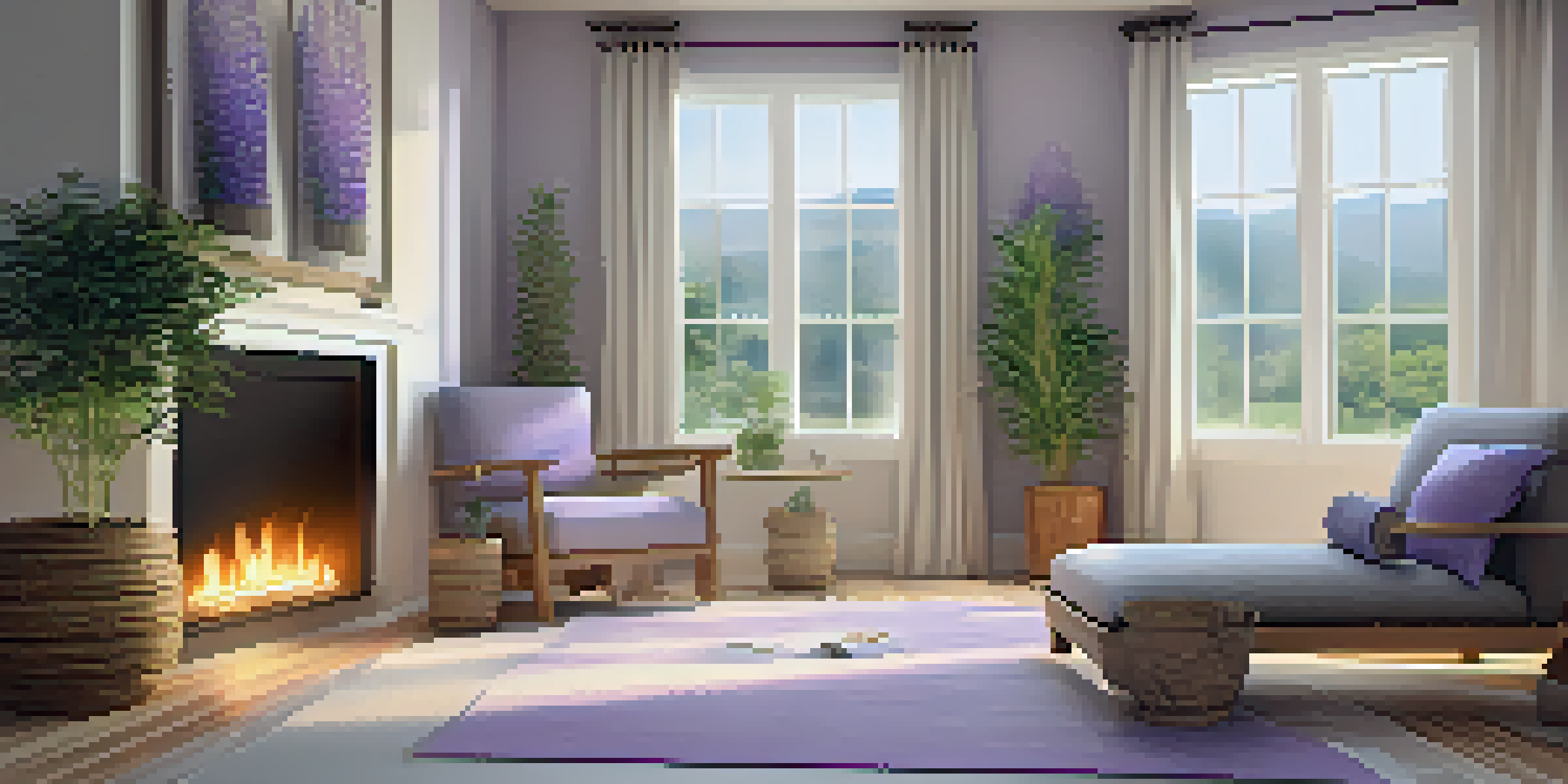A serene wellness retreat room with soft lighting, a diffuser emitting lavender oil, natural wood elements, and potted plants.
