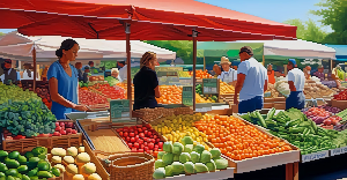 A bustling market stall showcasing a variety of fresh fruits and vegetables in bright sunlight, with shoppers exploring the organic produce.