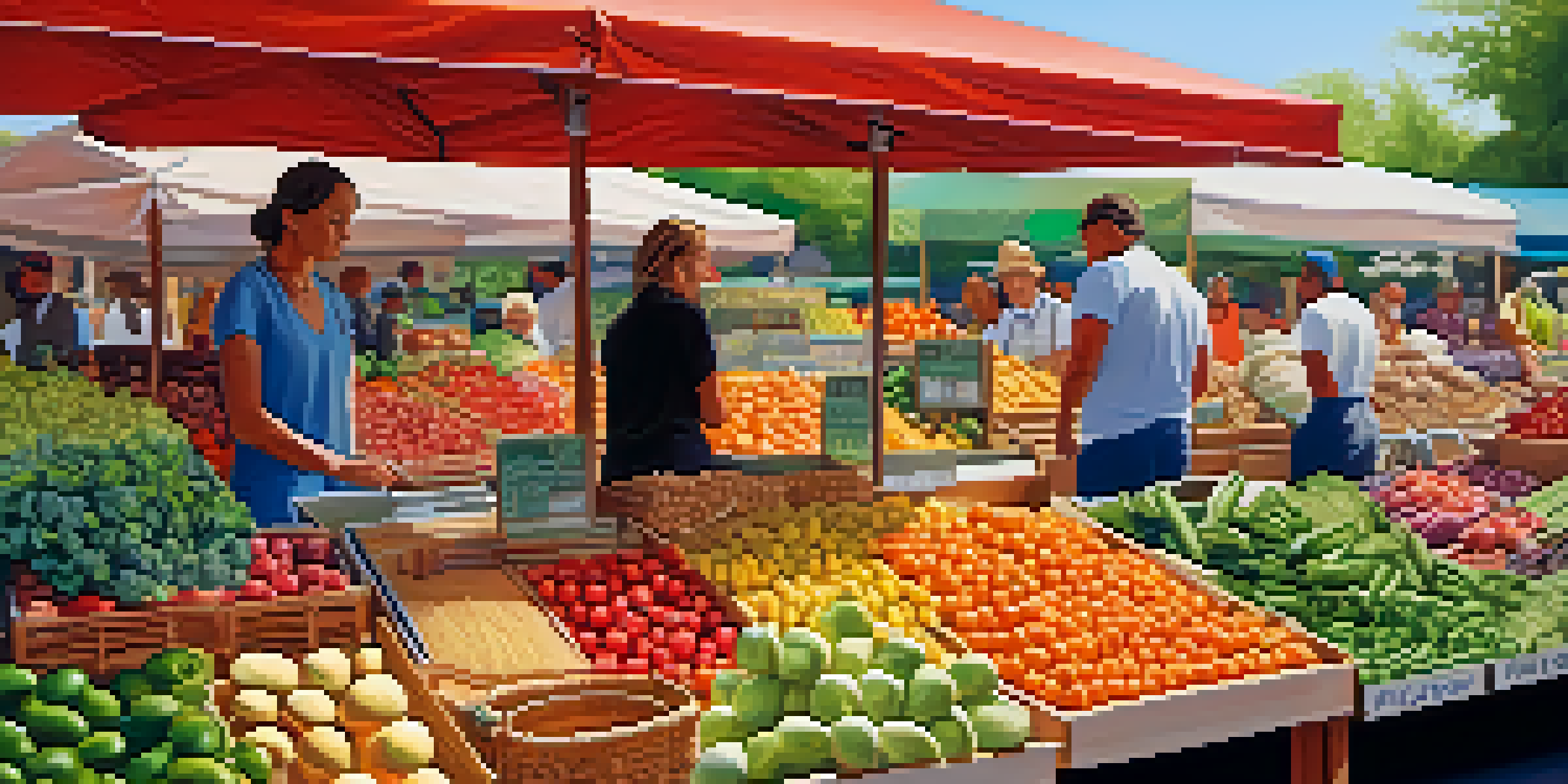 A bustling market stall showcasing a variety of fresh fruits and vegetables in bright sunlight, with shoppers exploring the organic produce.