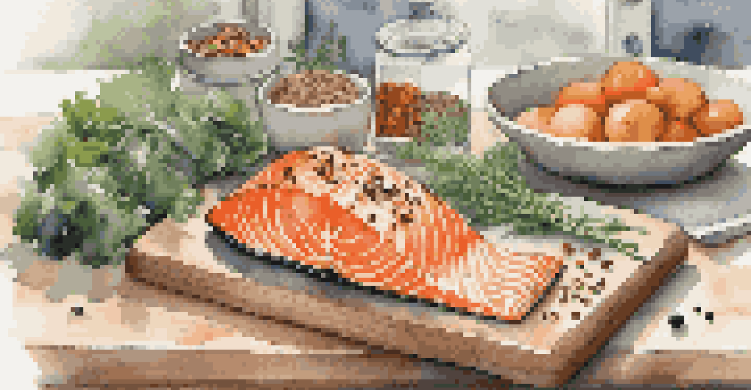 A cutting board with omega-3-rich foods like salmon, walnuts, and flaxseeds, set in a warm kitchen environment.