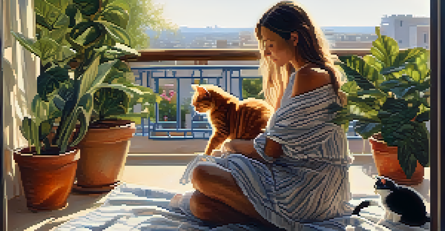 A woman relaxing with her cat on a sunny balcony, enjoying a quiet moment together.