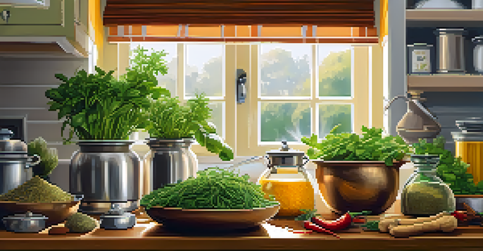 A bright kitchen filled with fresh herbs and spices, with sunlight illuminating rosemary, basil, and thyme on a wooden countertop while a pot of curry simmers in the background.
