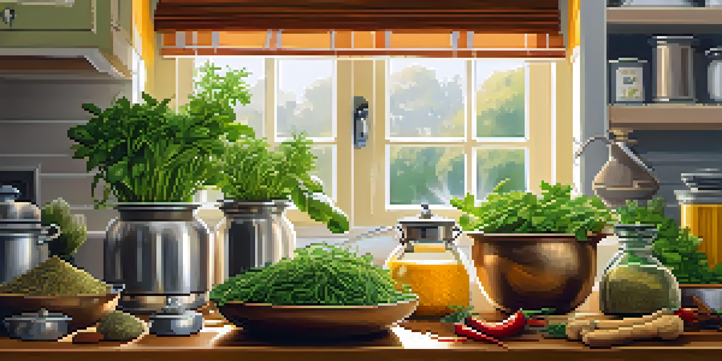 A bright kitchen filled with fresh herbs and spices, with sunlight illuminating rosemary, basil, and thyme on a wooden countertop while a pot of curry simmers in the background.