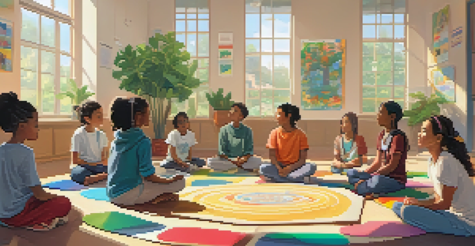 A calm classroom with students practicing mindfulness in a circle, illuminated by soft sunlight and surrounded by plants.