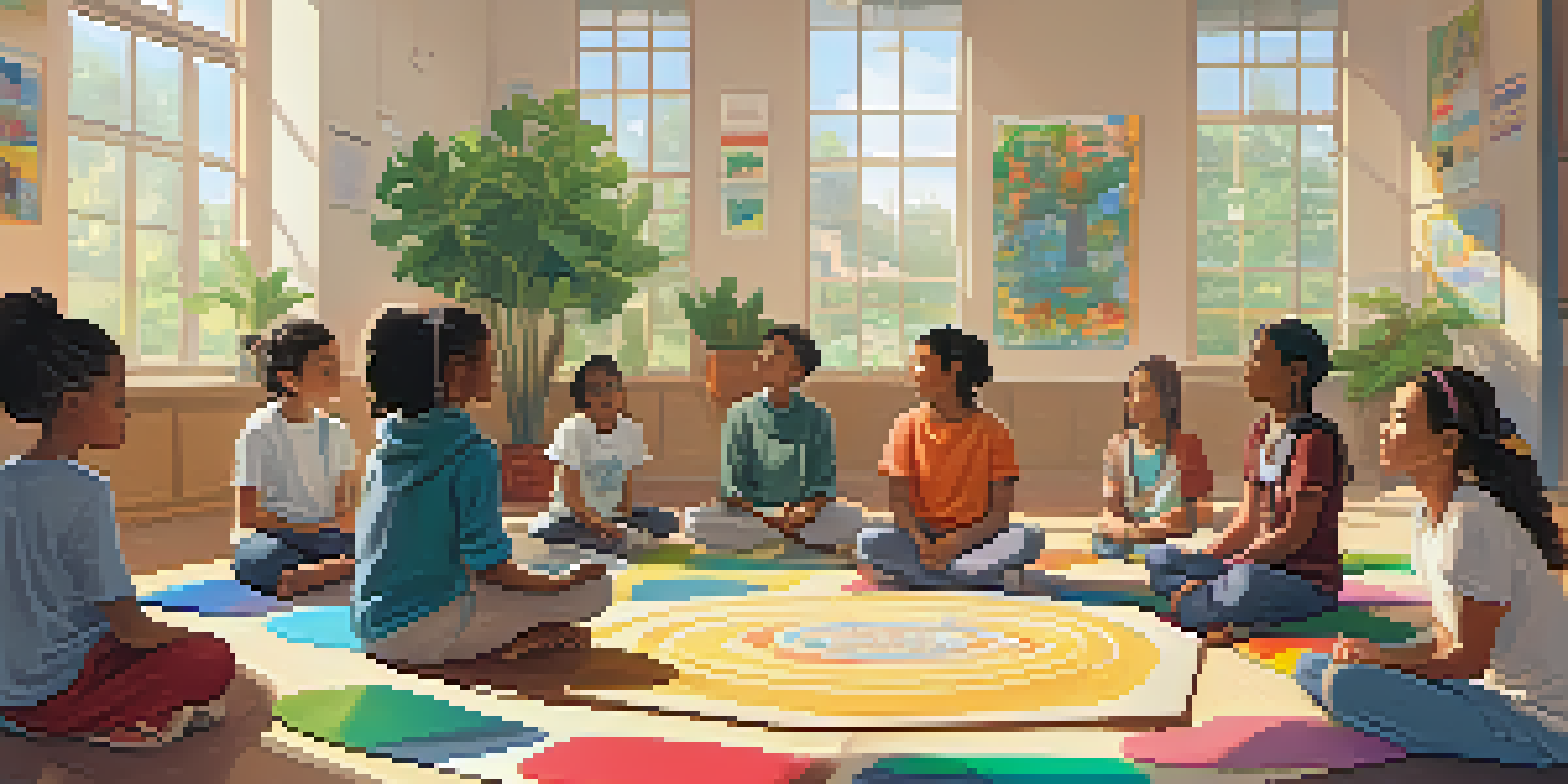 A calm classroom with students practicing mindfulness in a circle, illuminated by soft sunlight and surrounded by plants.