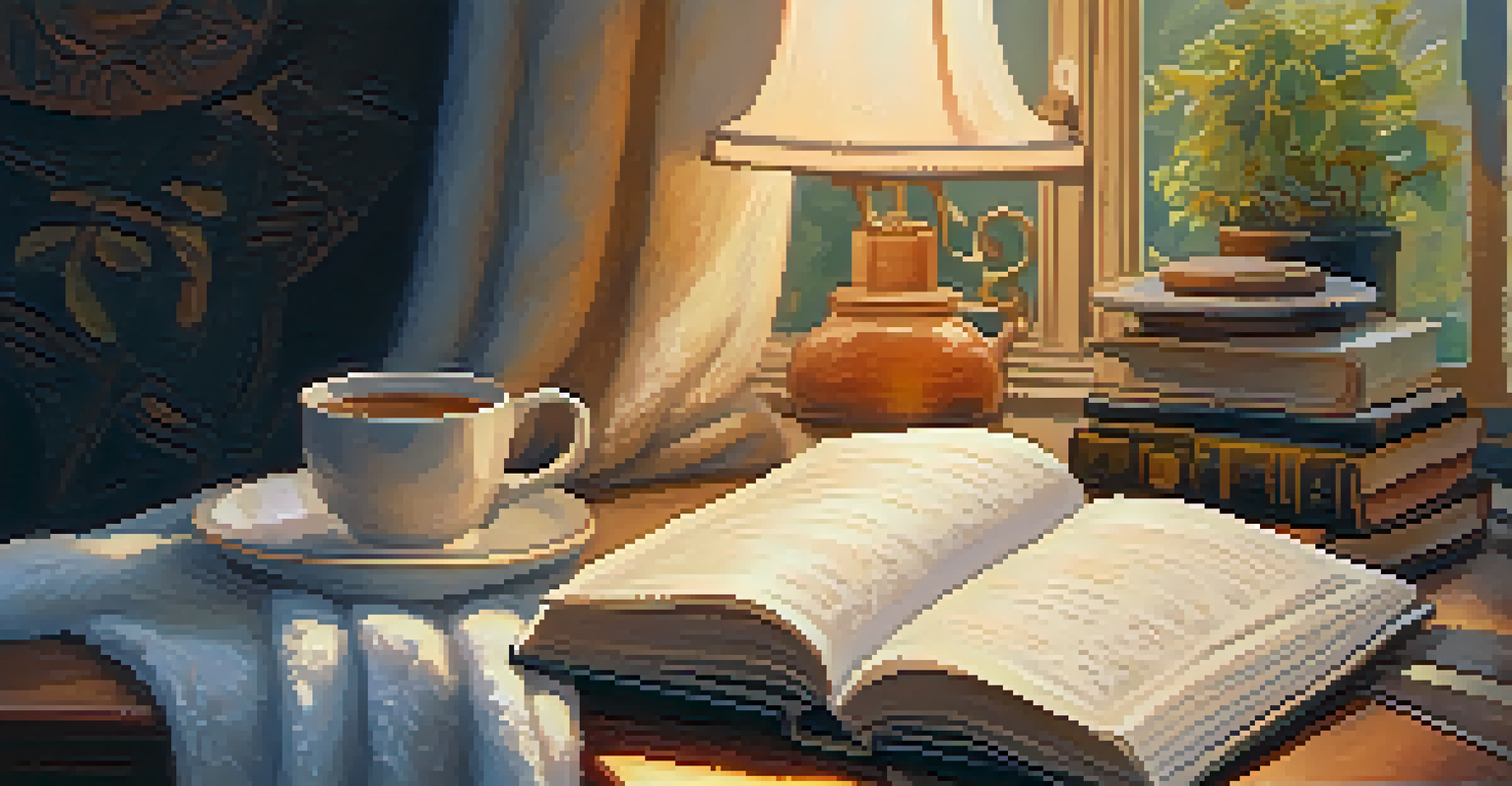 A cozy corner with a journal and a cup of tea, warmly lit for emotional self-care.