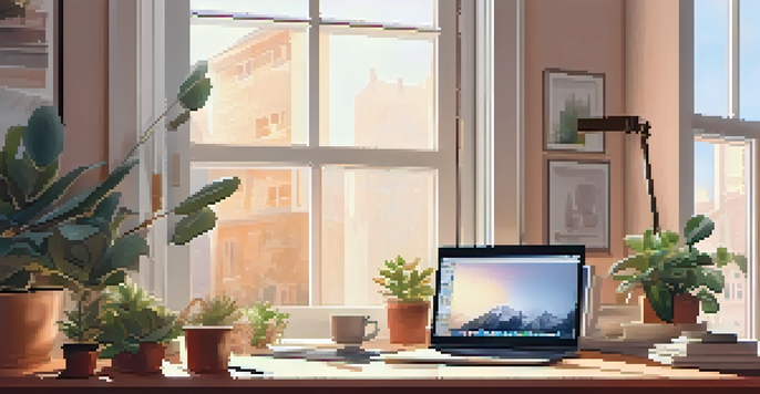 A tranquil home office with a wooden desk, laptop, plants, and morning light coming through the window.