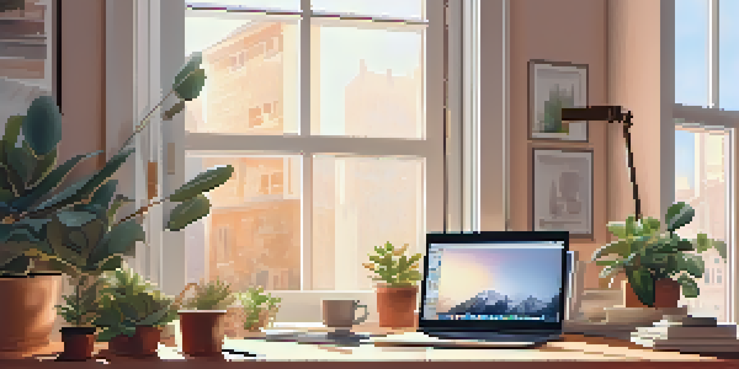 A tranquil home office with a wooden desk, laptop, plants, and morning light coming through the window.