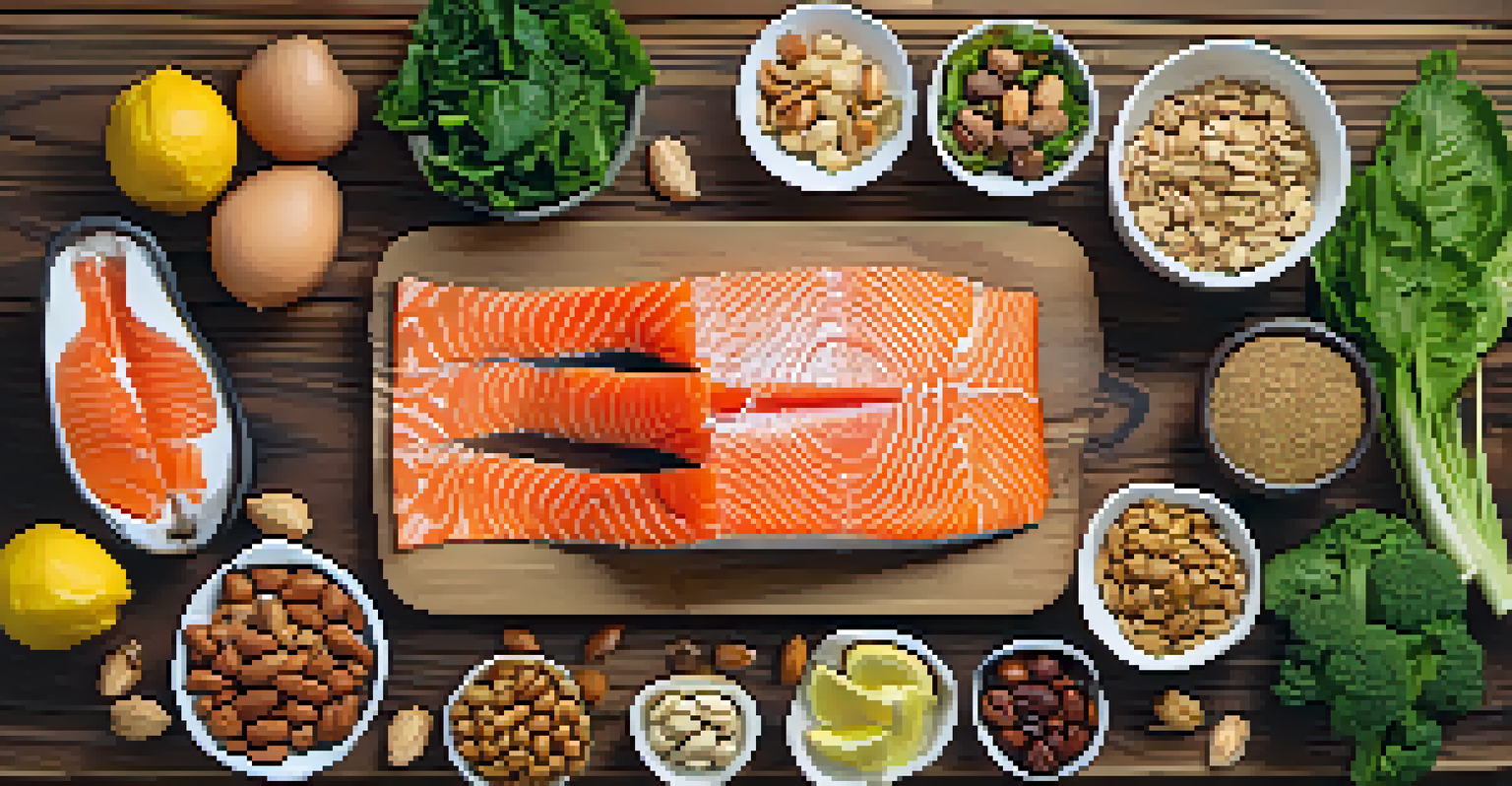 A flat lay of a balanced meal with salmon, nuts, and greens, emphasizing nutrition for oral and brain health.