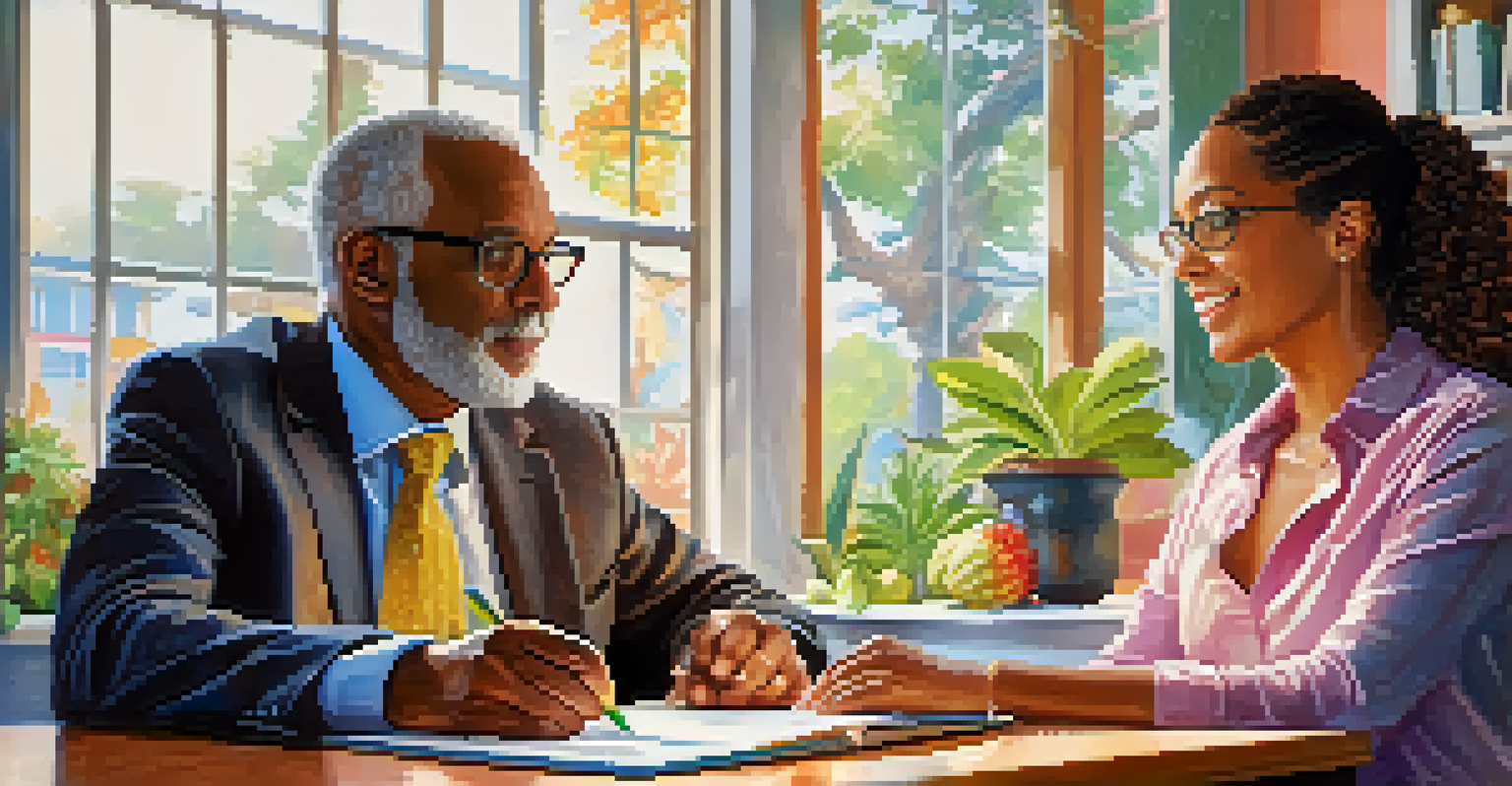 A coach and client discussing goals at a table filled with healthy fruits and a notepad.