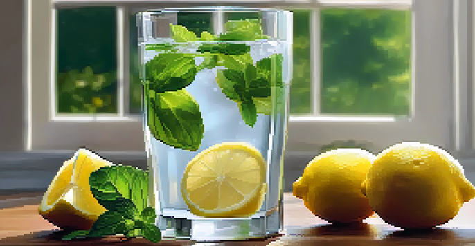 A clear glass of water with lemon slices and mint on a wooden table, illuminated by soft natural light.
