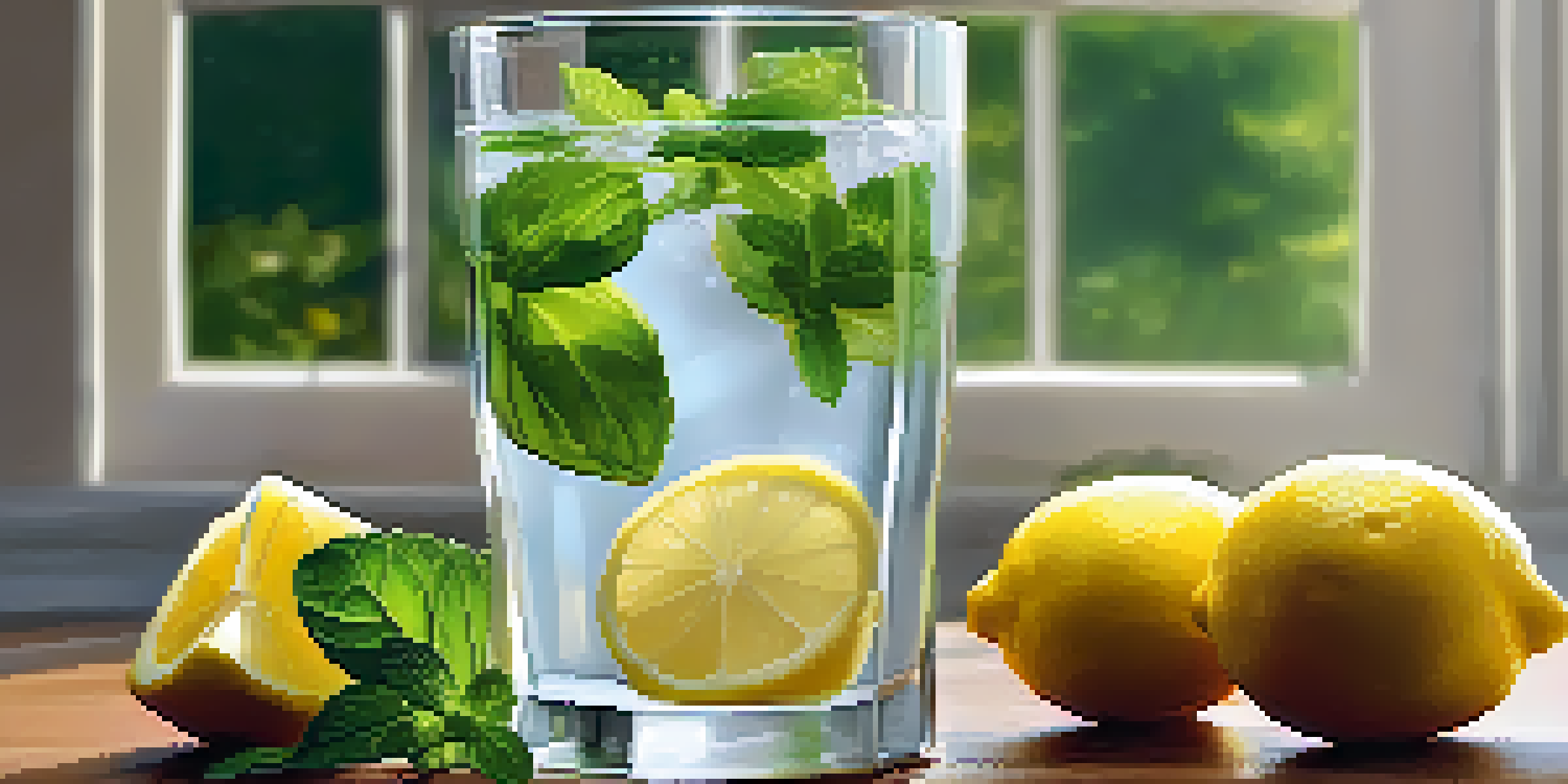 A clear glass of water with lemon slices and mint on a wooden table, illuminated by soft natural light.