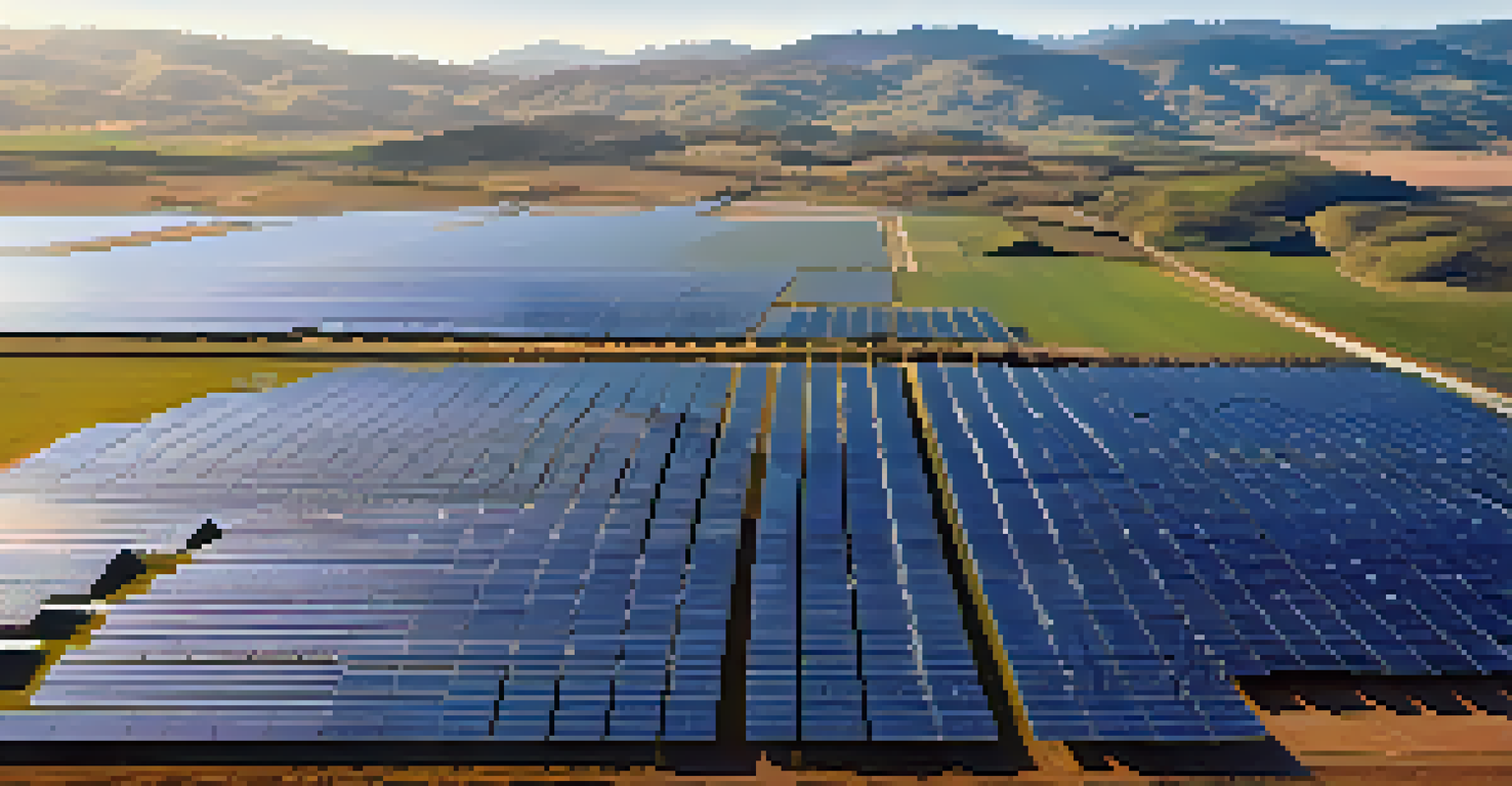 An aerial view of a solar farm with rows of solar panels and rolling hills in the background.