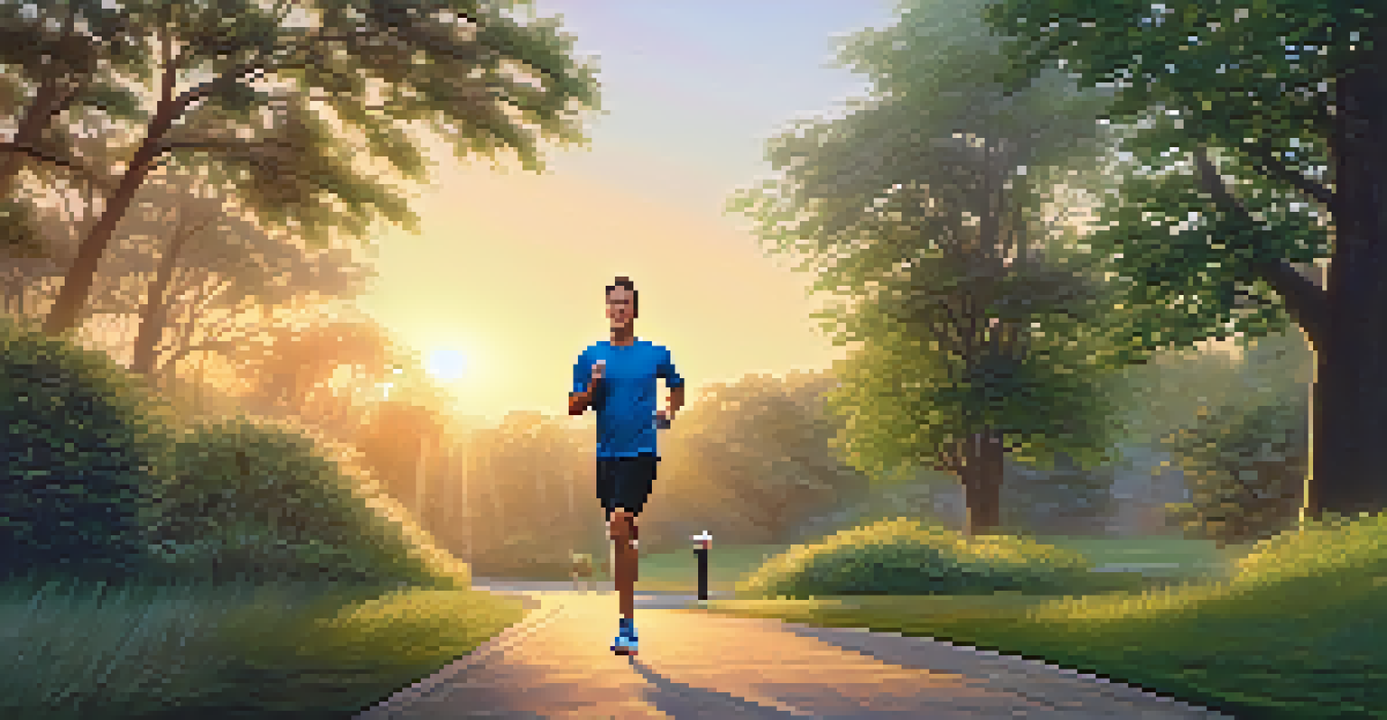 A man jogging in a park at sunrise, holding a water bottle, with trees and a path in the background.