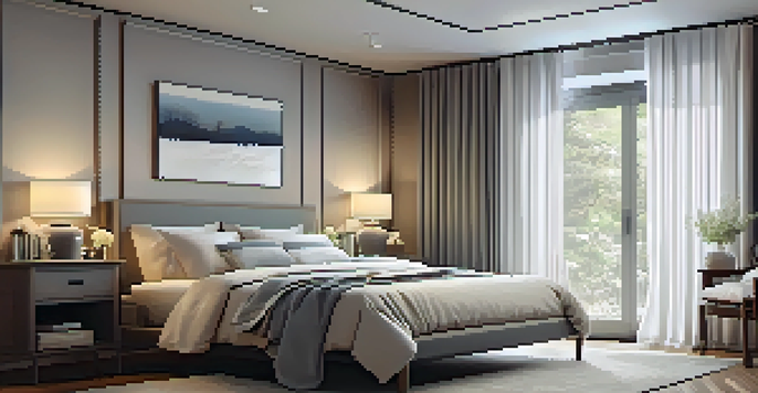 A peaceful bedroom with blackout curtains, a cozy bed, and gentle lighting to promote relaxation and sleep.