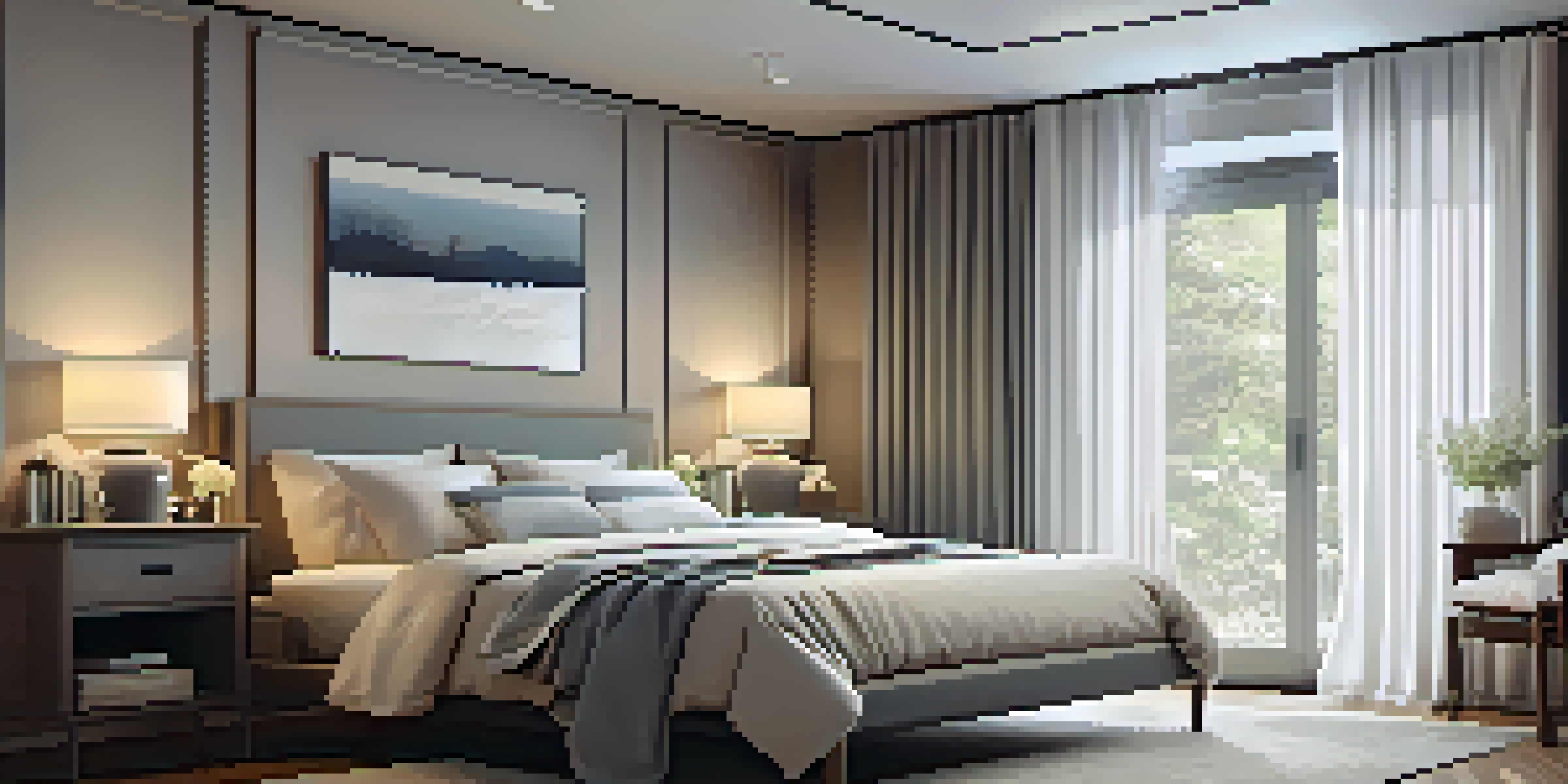 A peaceful bedroom with blackout curtains, a cozy bed, and gentle lighting to promote relaxation and sleep.