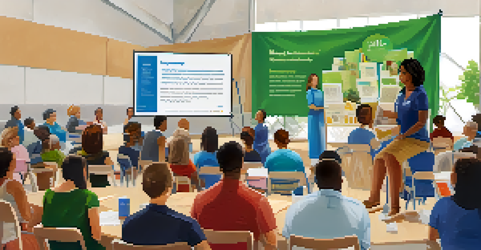 An informative workshop at a health fair with a speaker presenting to an engaged audience, surrounded by health resources.