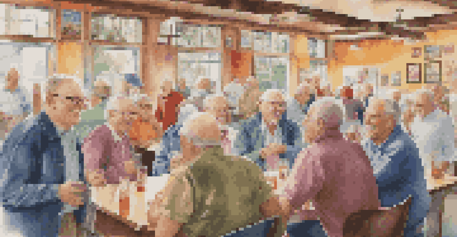 A group of older men engaged in a lively discussion at a community social club, with colorful decorations and a warm atmosphere.