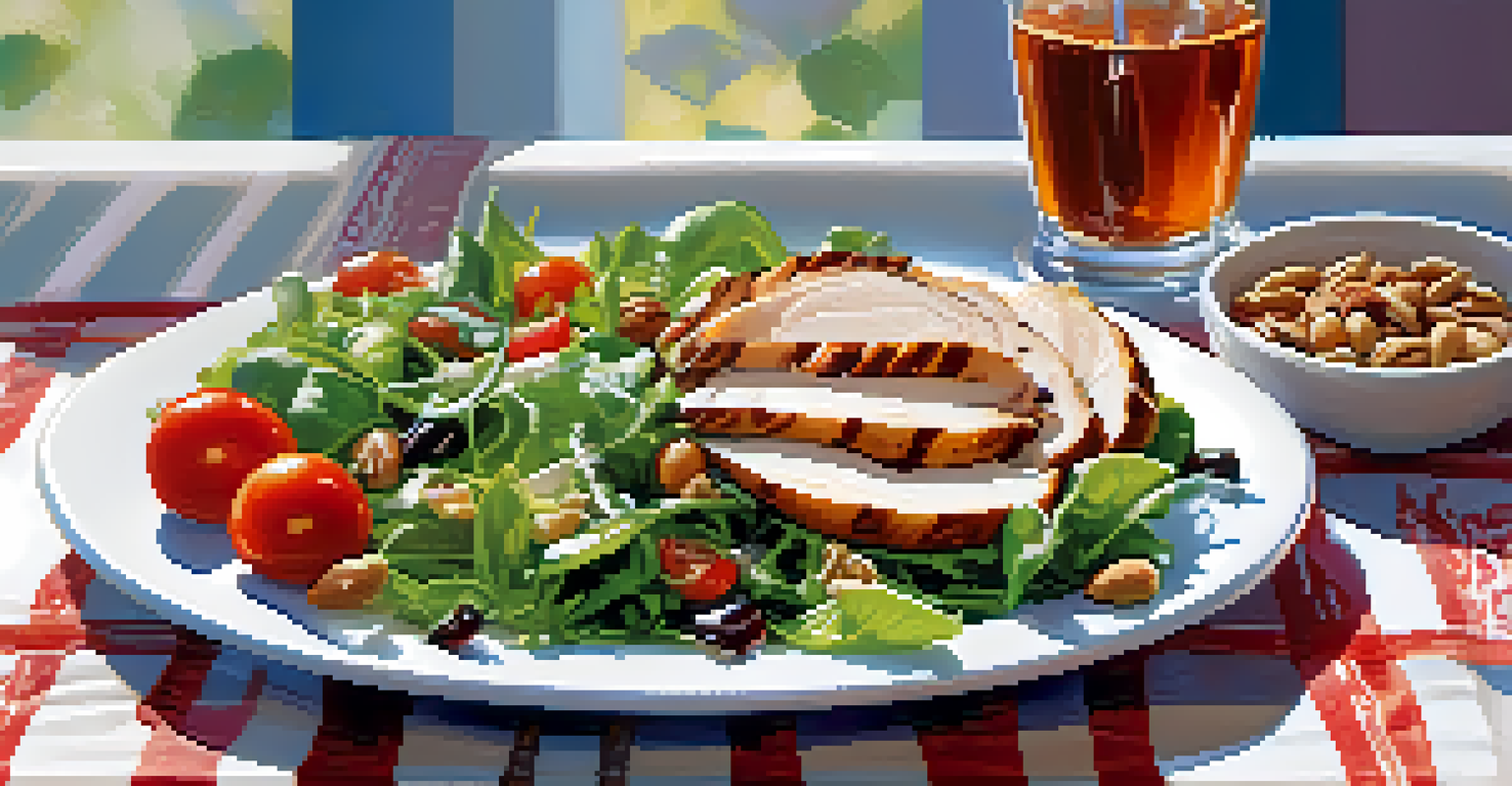 A fresh salad with mixed greens, tomatoes, grilled chicken, and nuts on a bright tablecloth, with iced tea in the background.