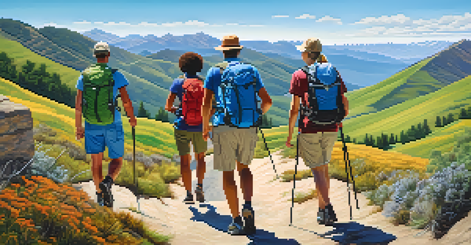 Diverse hikers enjoying a mountain trail, surrounded by beautiful landscapes and clear skies, reflecting a spirit of adventure and wellness.