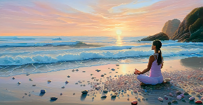 A person practicing yoga on a beach at sunrise, with soft orange and pink hues in the sky and gentle waves in the background.