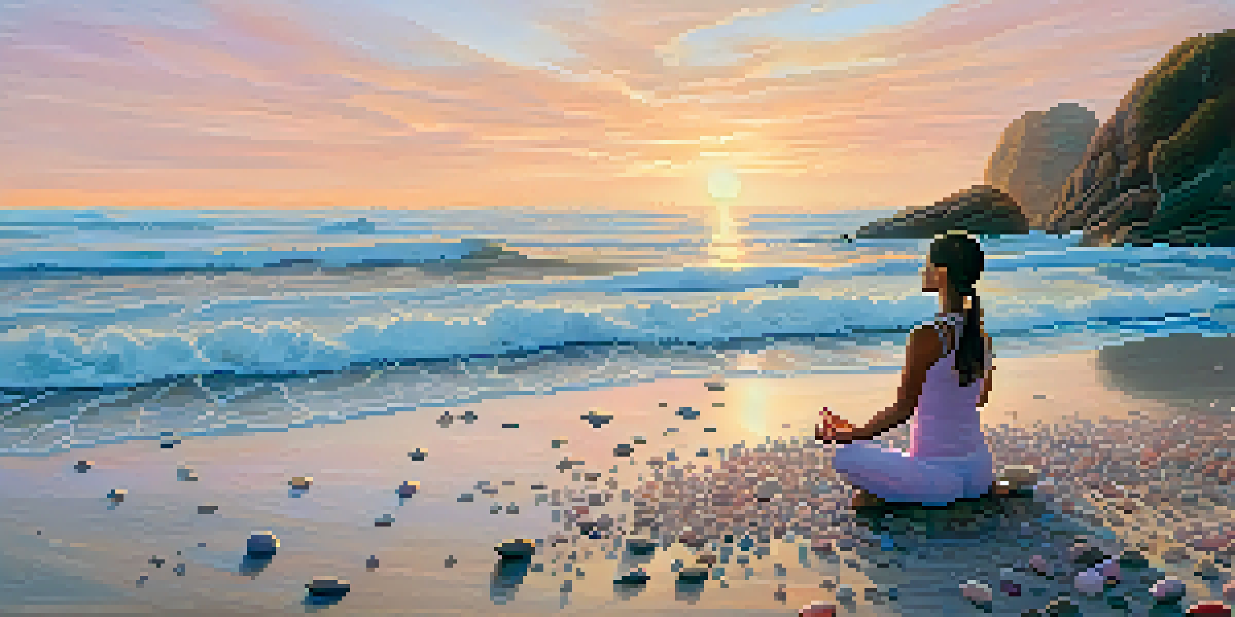 A person practicing yoga on a beach at sunrise, with soft orange and pink hues in the sky and gentle waves in the background.