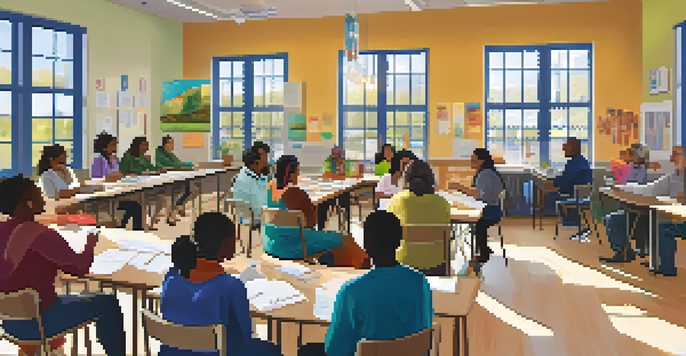 A diverse group of community health workers leading a workshop, with attendees engaged and colorful educational materials around them.