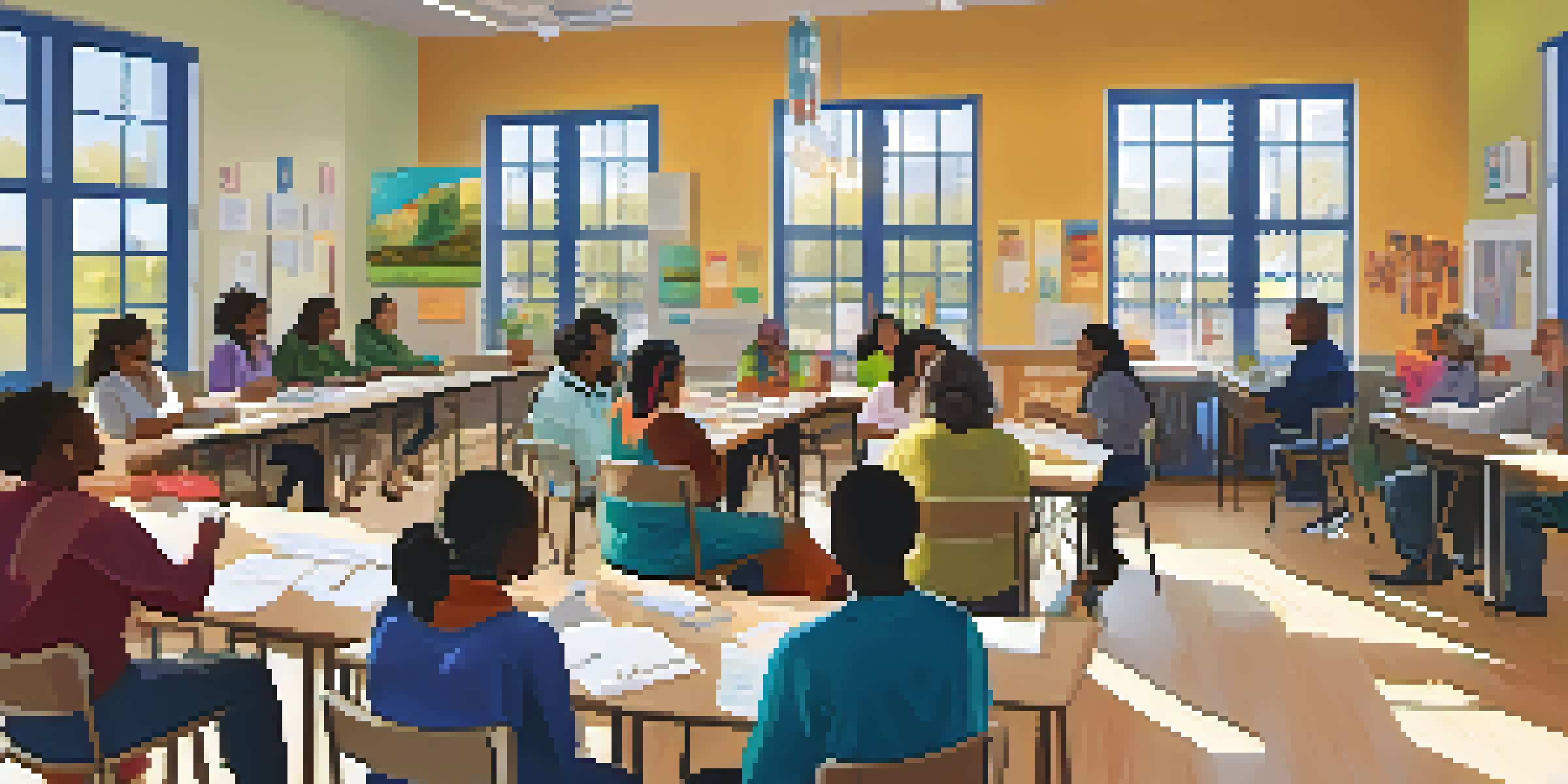 A diverse group of community health workers leading a workshop, with attendees engaged and colorful educational materials around them.