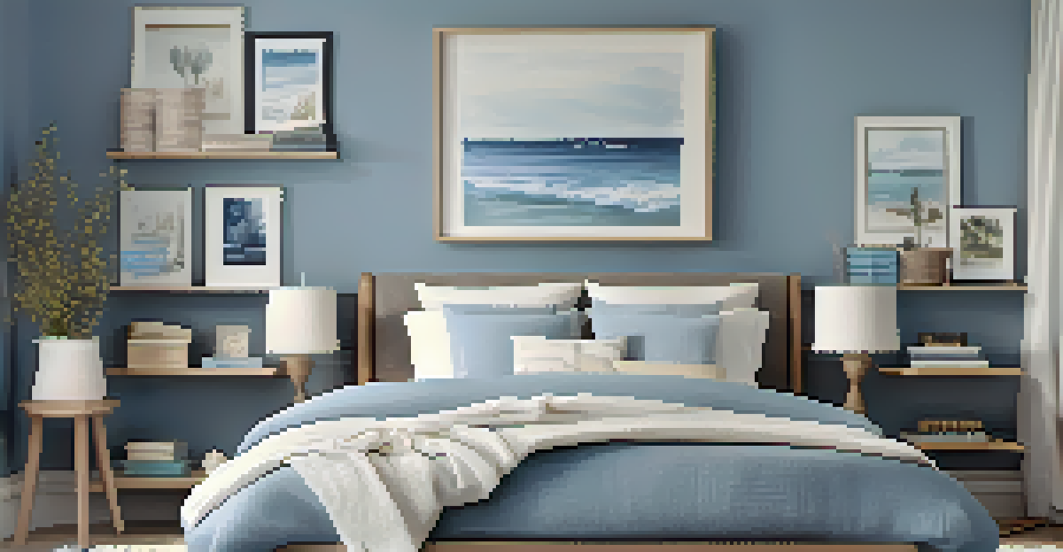 A tidy bedroom with organized books, a neat bedside table, and a scent diffuser, all in soft blue and white colors.