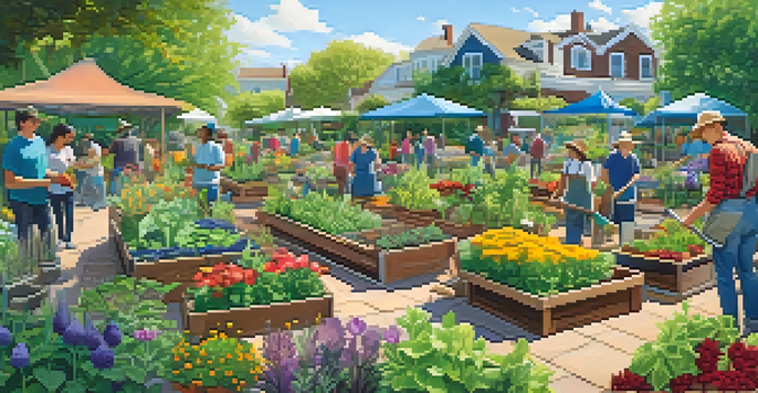 A lively community garden where diverse individuals are gardening together, with colorful plants and vegetables in a sunny atmosphere.