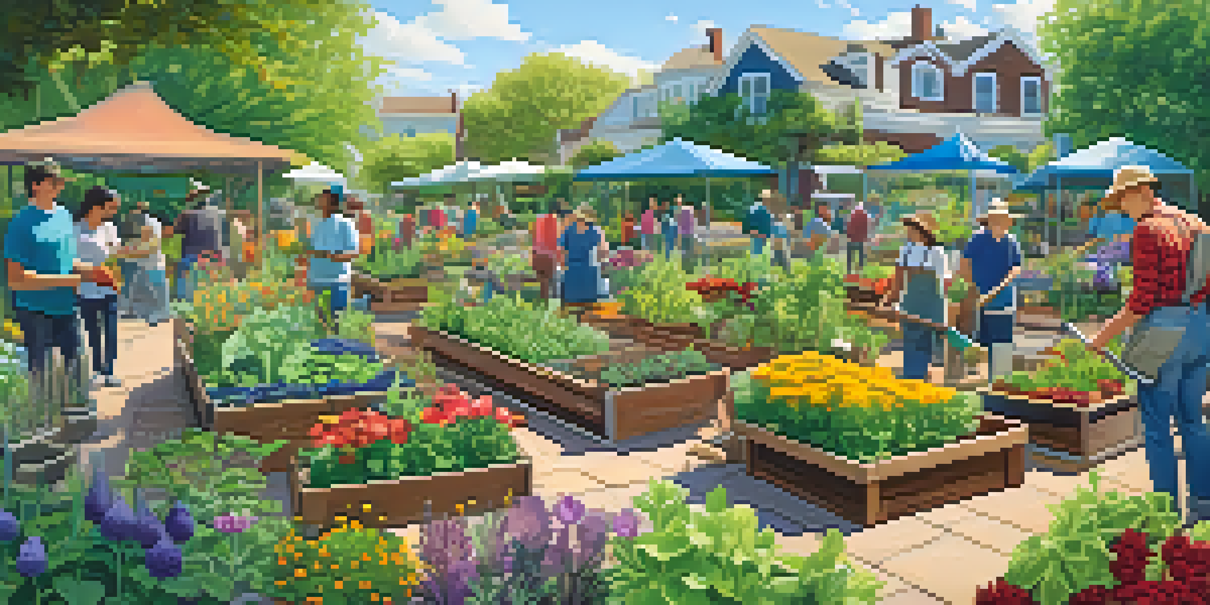 A lively community garden where diverse individuals are gardening together, with colorful plants and vegetables in a sunny atmosphere.