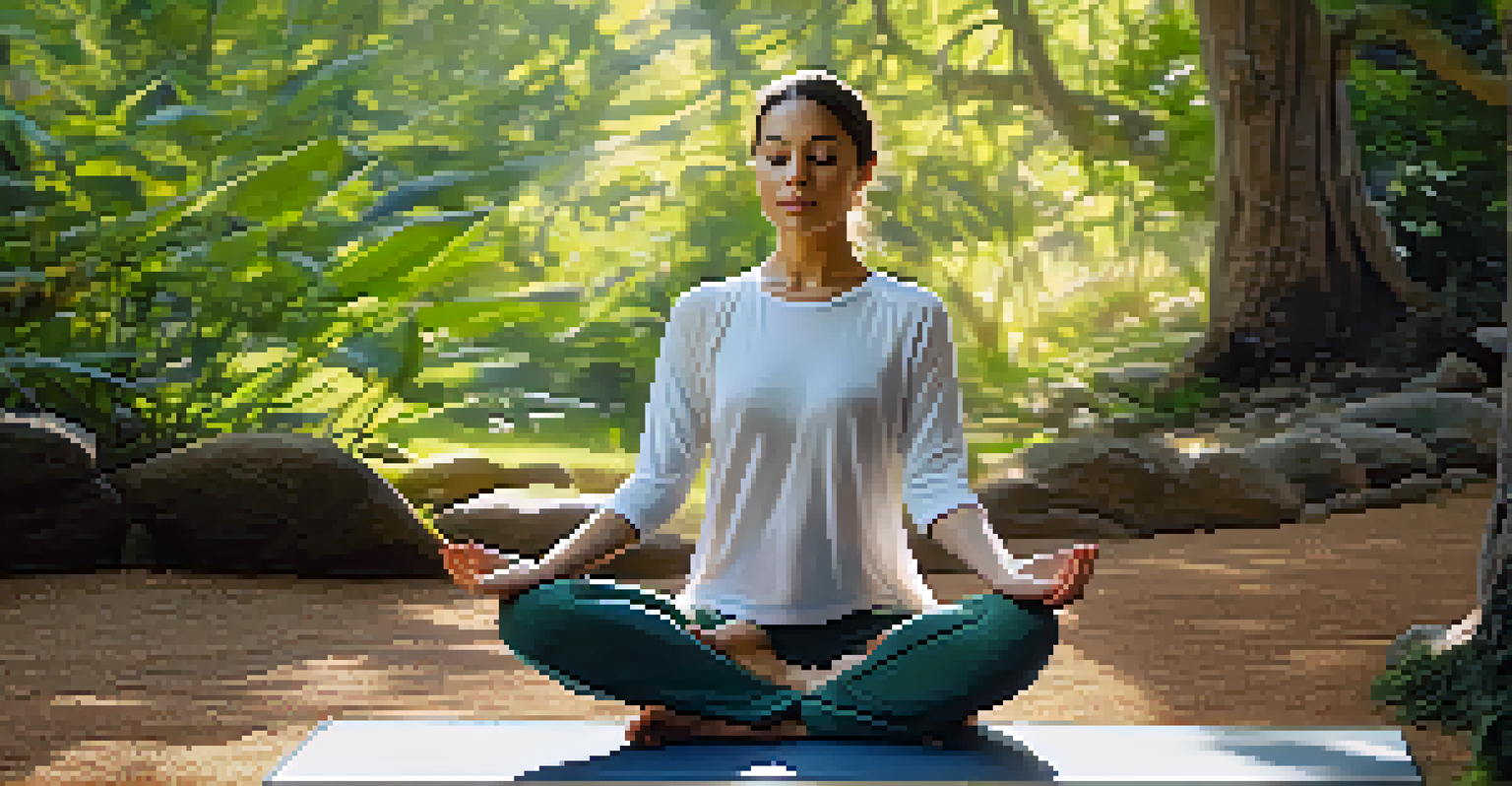 A person practicing yoga outdoors in a peaceful natural setting, representing calmness and mindfulness for gut health.