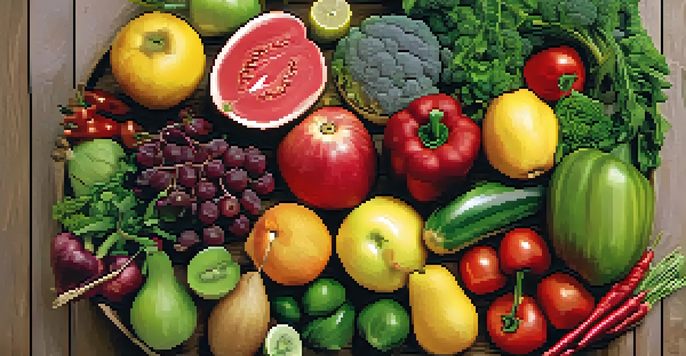 A close-up of a healthy heart surrounded by fresh fruits and vegetables, highlighting a vibrant and colorful display.