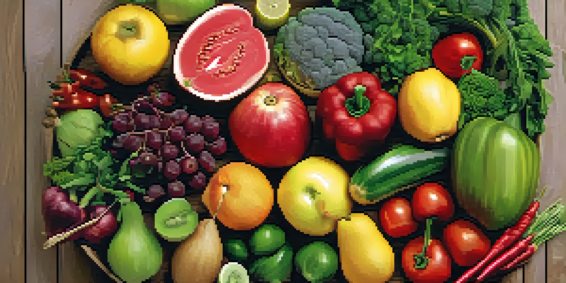 A close-up of a healthy heart surrounded by fresh fruits and vegetables, highlighting a vibrant and colorful display.