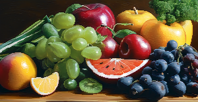 A close-up image of a colorful and healthy meal made up of fresh fruits and vegetables, displayed on a wooden table with soft natural lighting.