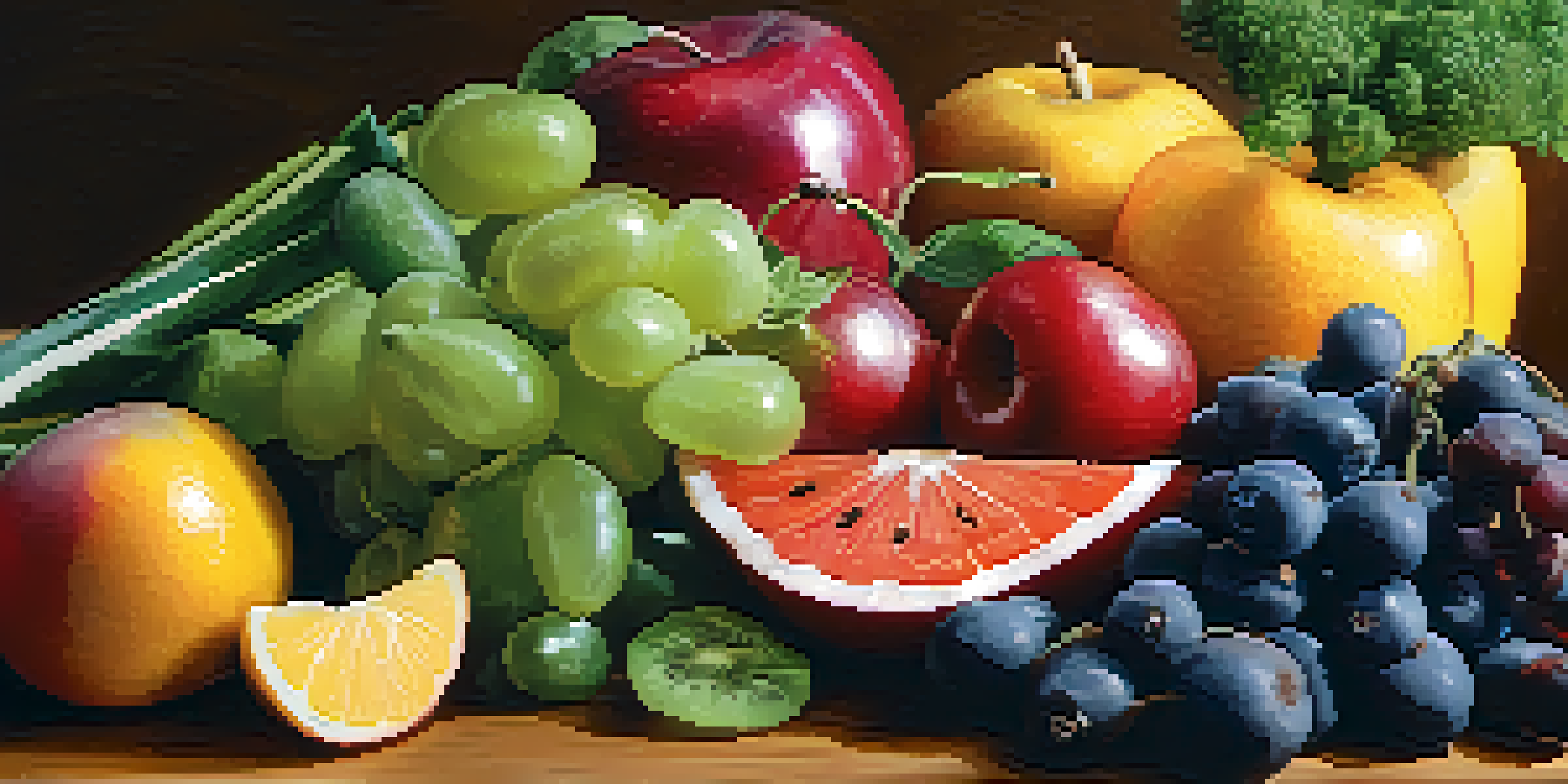 A close-up image of a colorful and healthy meal made up of fresh fruits and vegetables, displayed on a wooden table with soft natural lighting.