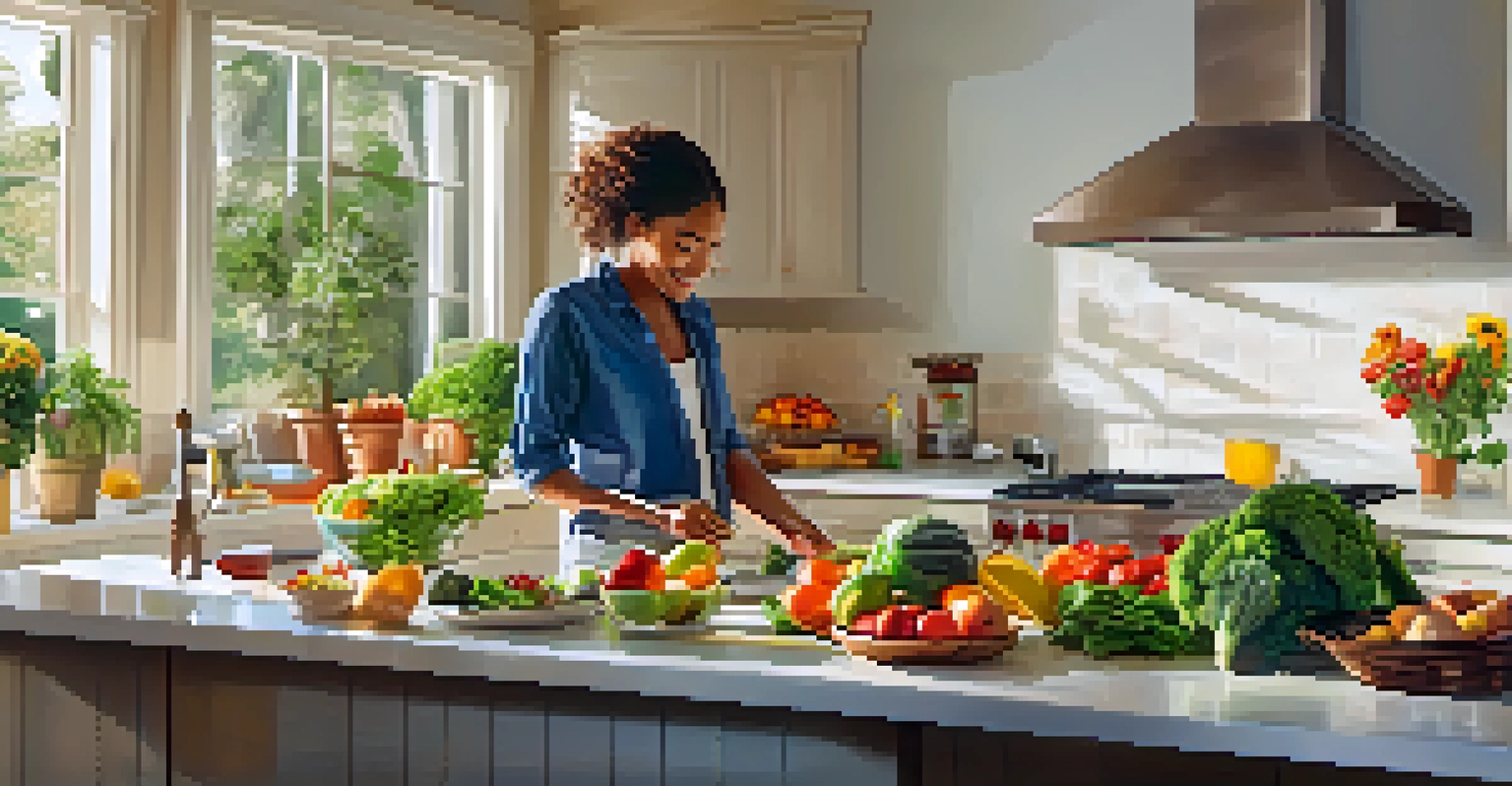 A health-conscious individual preparing a colorful meal with fresh fruits and vegetables in a sunny kitchen.