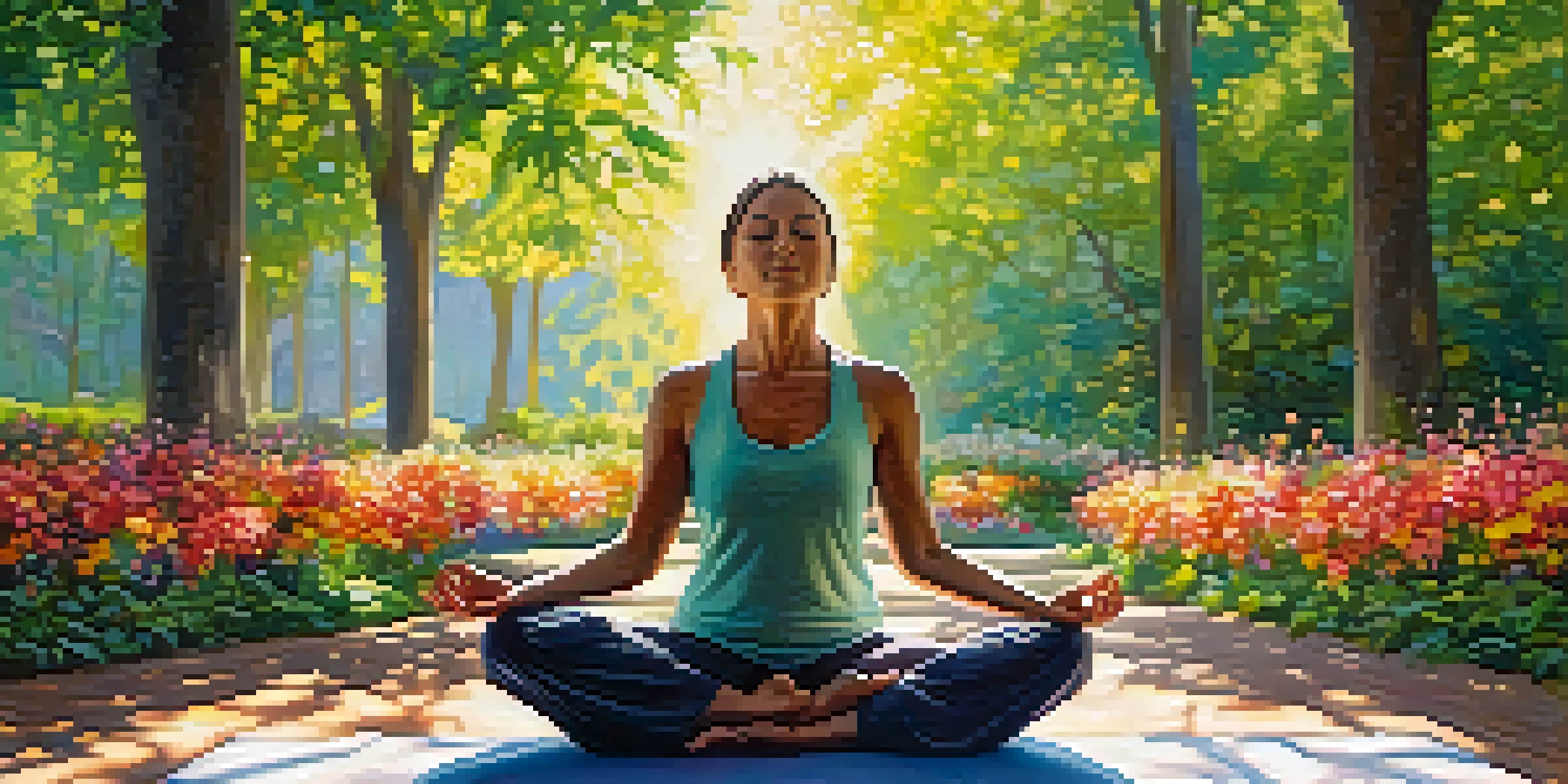 A person meditating in a sunlit park, surrounded by greenery and flowers, creating a tranquil atmosphere.