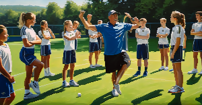 A coach leading young athletes in warm-up exercises on a sunny sports field, promoting health and safety.