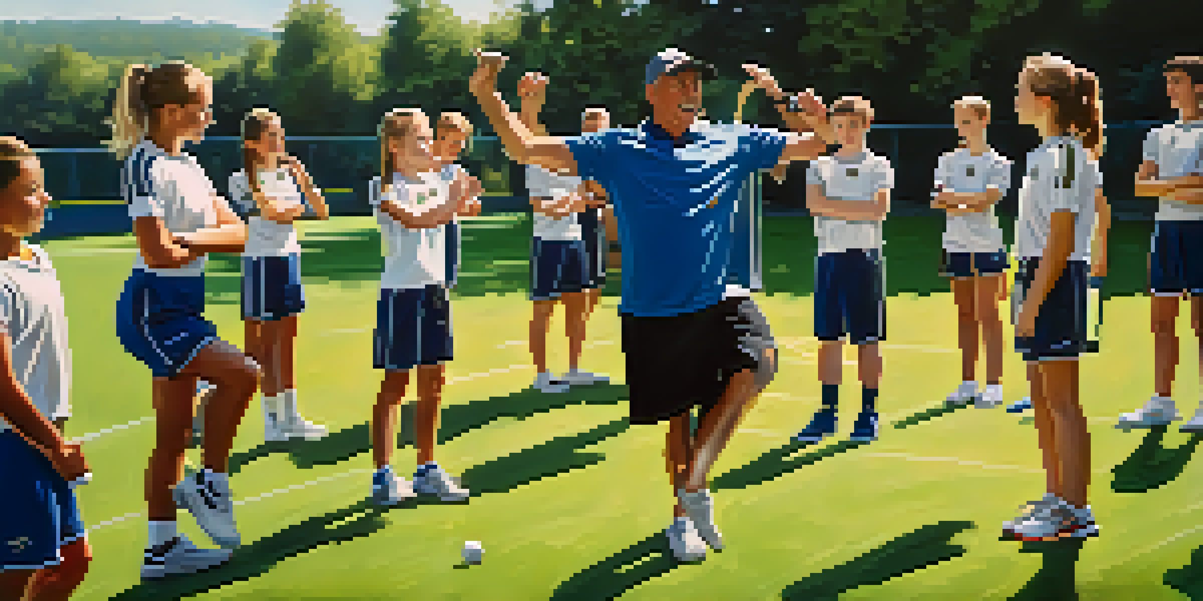 A coach leading young athletes in warm-up exercises on a sunny sports field, promoting health and safety.
