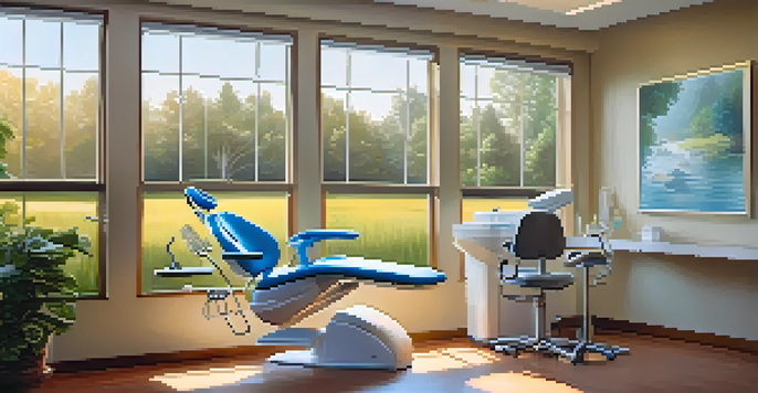 A cozy dentist's office featuring a dental chair and tools, with warm lighting and a nature-themed mural.