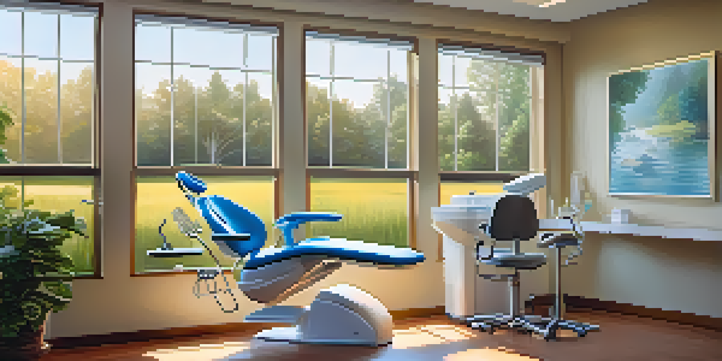 A cozy dentist's office featuring a dental chair and tools, with warm lighting and a nature-themed mural.