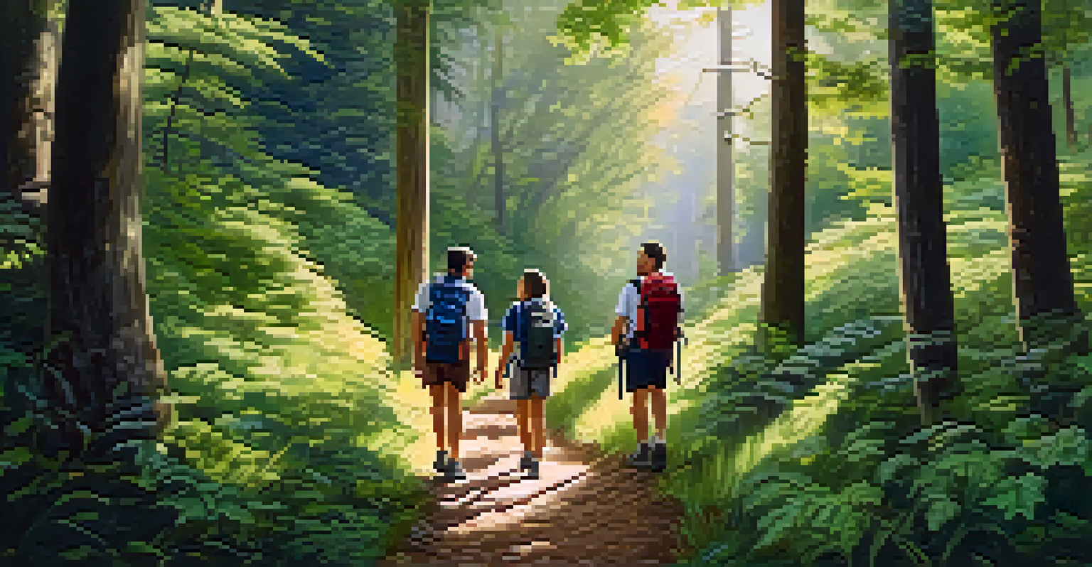 A family hiking together on a forest trail, enjoying nature and engaging in conversation, surrounded by trees and sunlight.