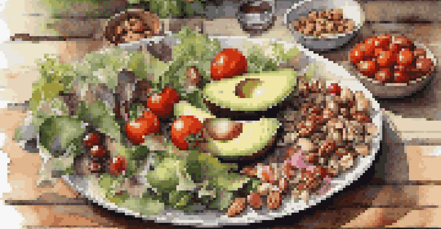 A colorful and healthy salad on a rustic wooden table, with fresh vegetables and nuts, illuminated by warm light.