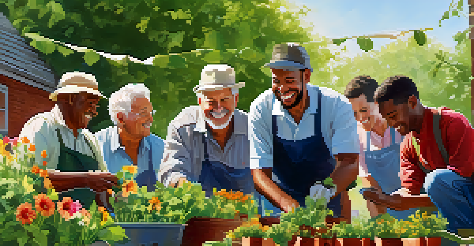 Men working together in a community garden, planting flowers and vegetables under bright sunlight.