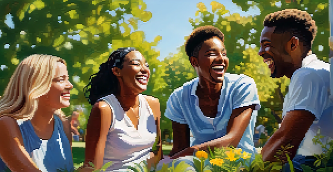 A group of diverse friends laughing together in a sunny park, surrounded by greenery and flowers, creating a joyful atmosphere.